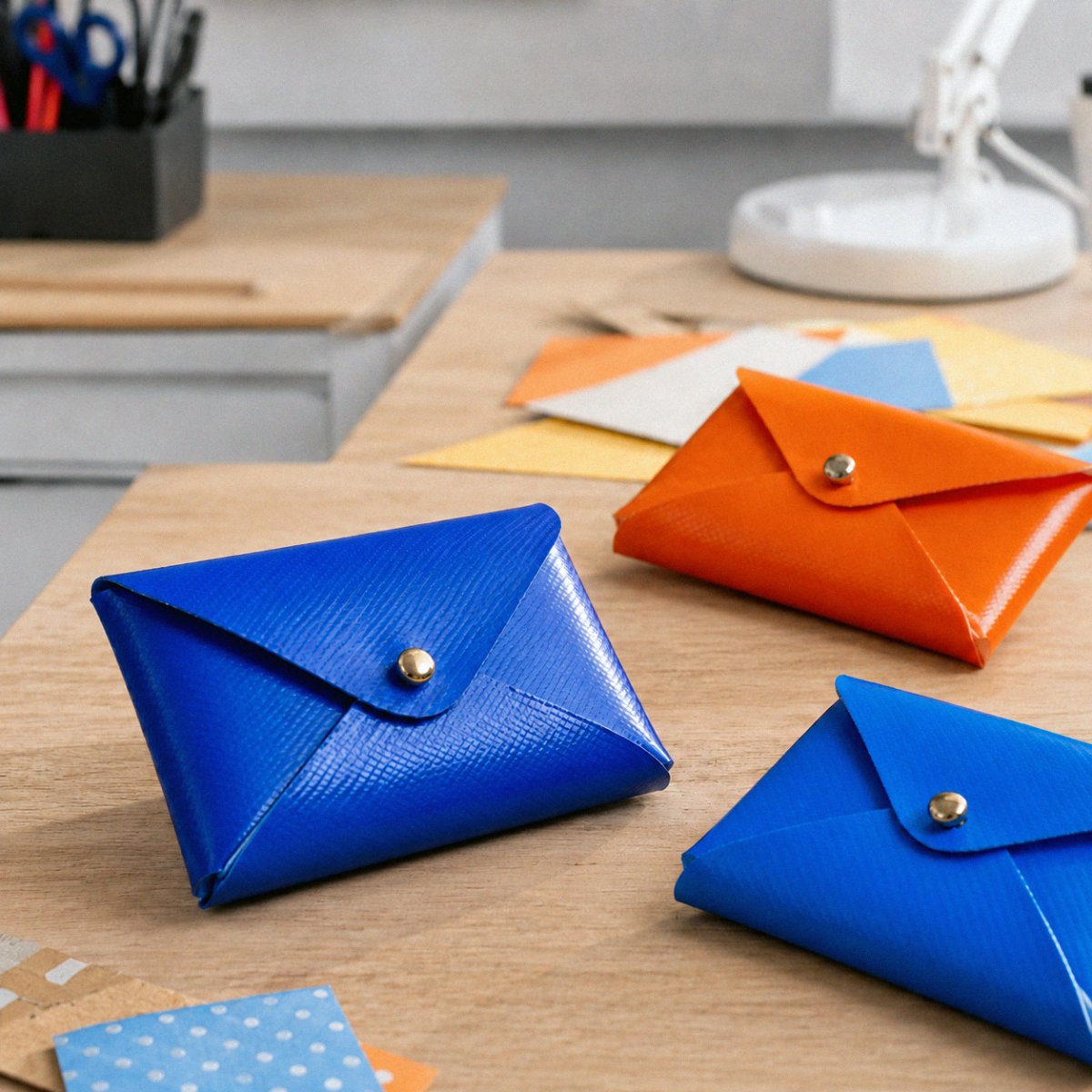 Cardholders on a craft table in blue and orange